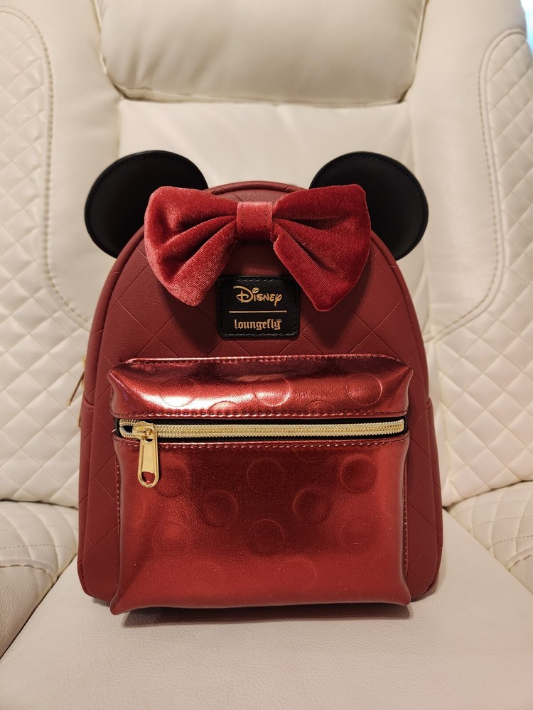Loungefly Disney Minnie Mouse Velvet Bow Mini Backpack Burgundy