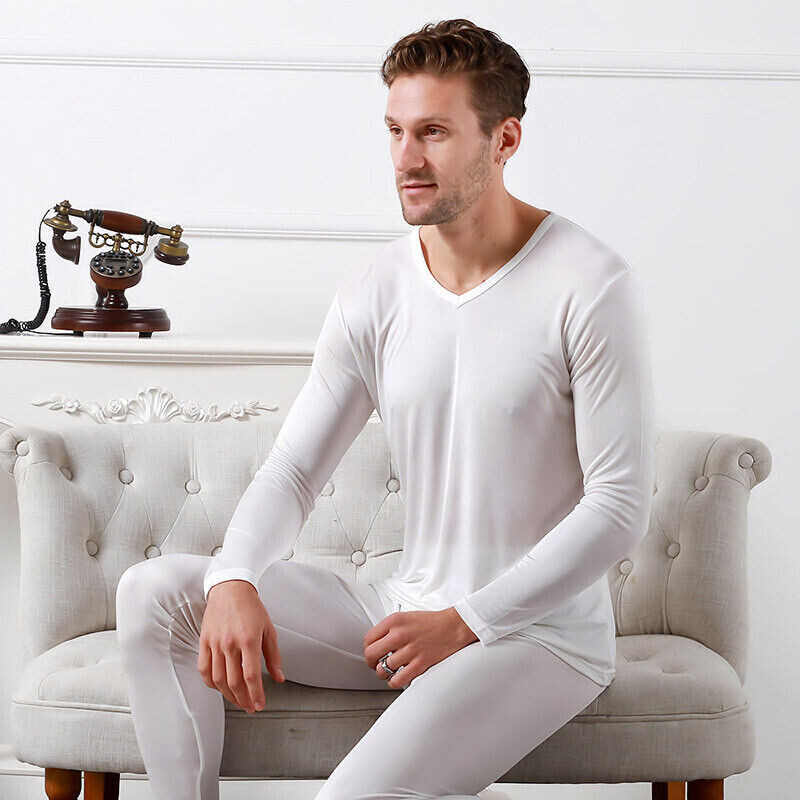Mulberry Silk Top + Long Johns For Men Breathable V Neck Knitted Set Solid Color