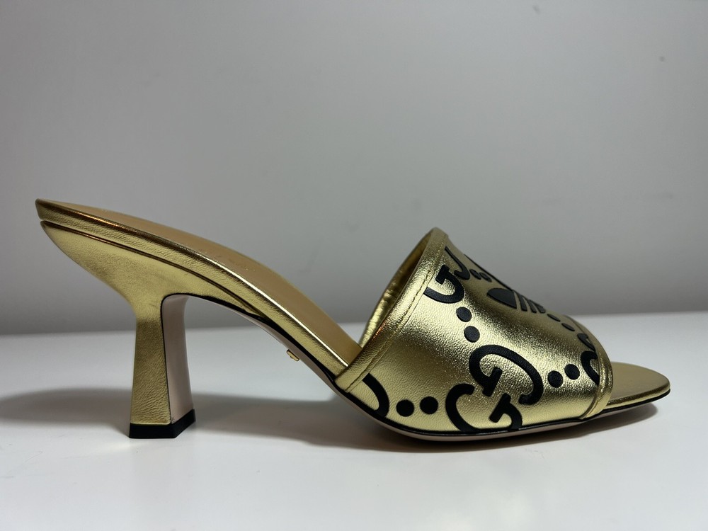 Gucci x Adidas GG Logo Metallic Gold Heeled Mules EU 39 New