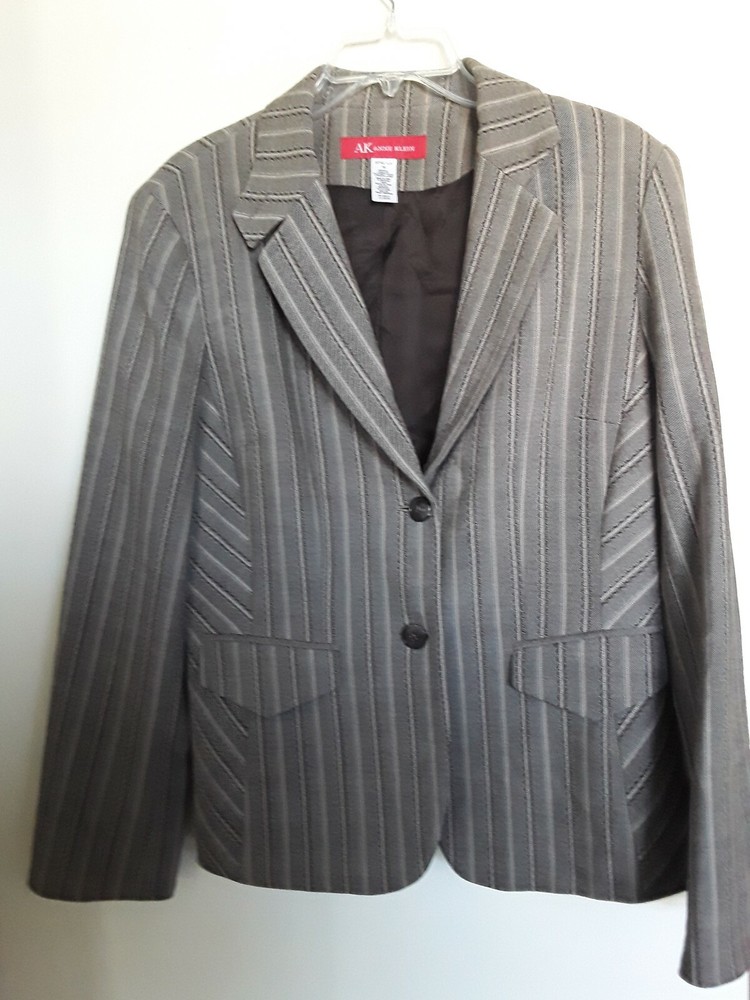 Ak Anne Klein Women's Wool Blend Blazer Jacket Stretch Size 14 Brown Striped