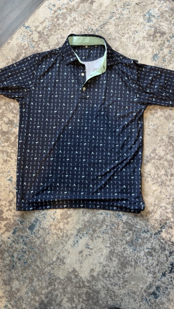 FootJoy Golf Polo Shirt Mens Medium Blue 19th Hole Drink Print Performance 30001