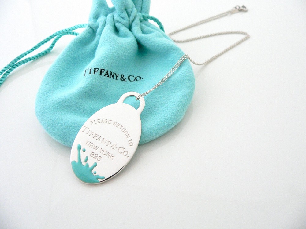 Tiffany & Co Blue Enamel Splash Oval Charm Necklace Pendant 20 Inch Long Chain
