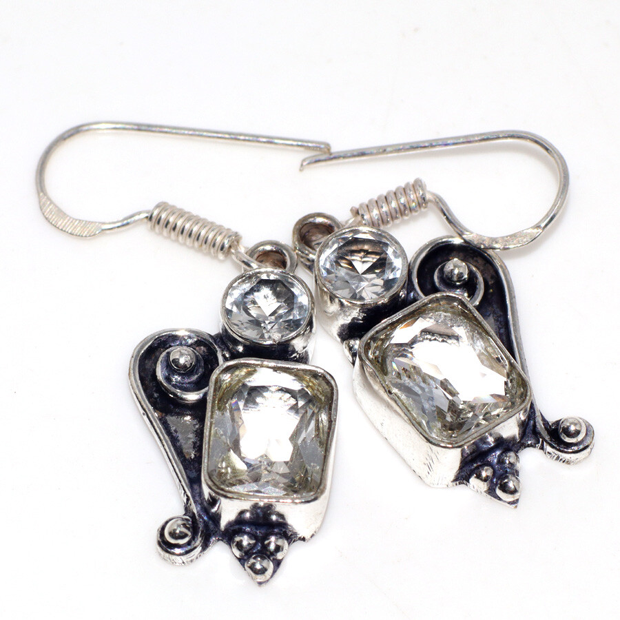 Crystal Topaz 925 Silver Plated Gemstone Earrings 1.5 Inch Elegant Gift JW