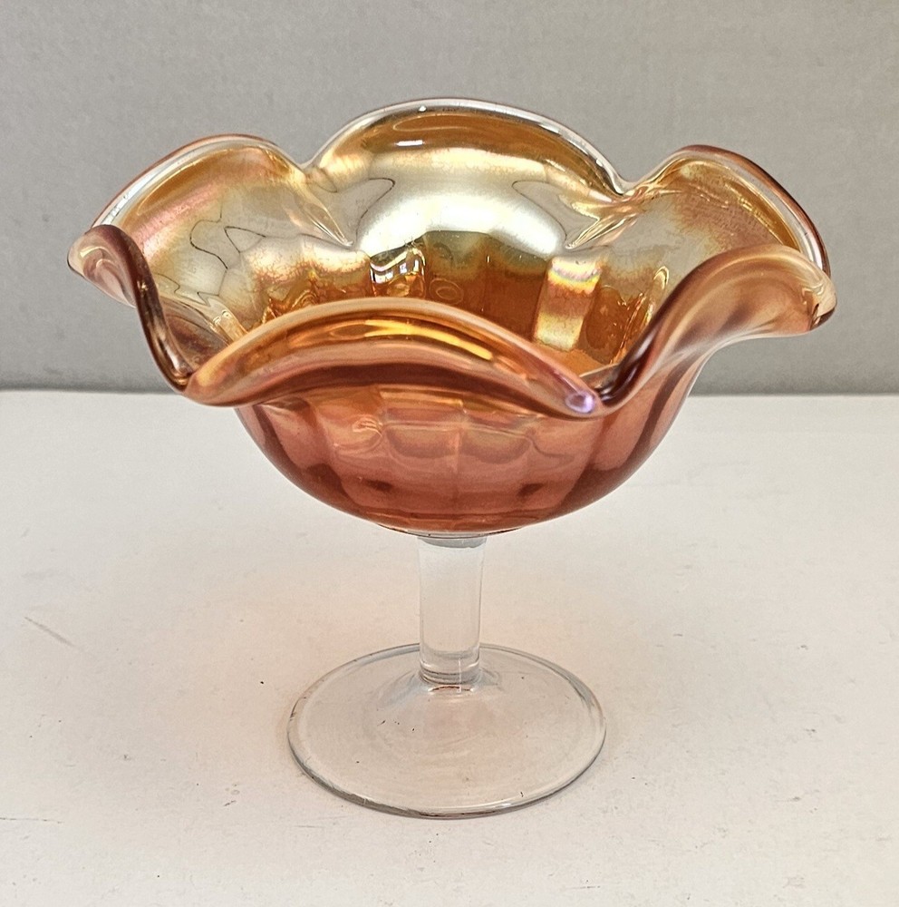 Vintage Marigold Carnival Glass Compote with Rays Pattern and Ruffled Edge