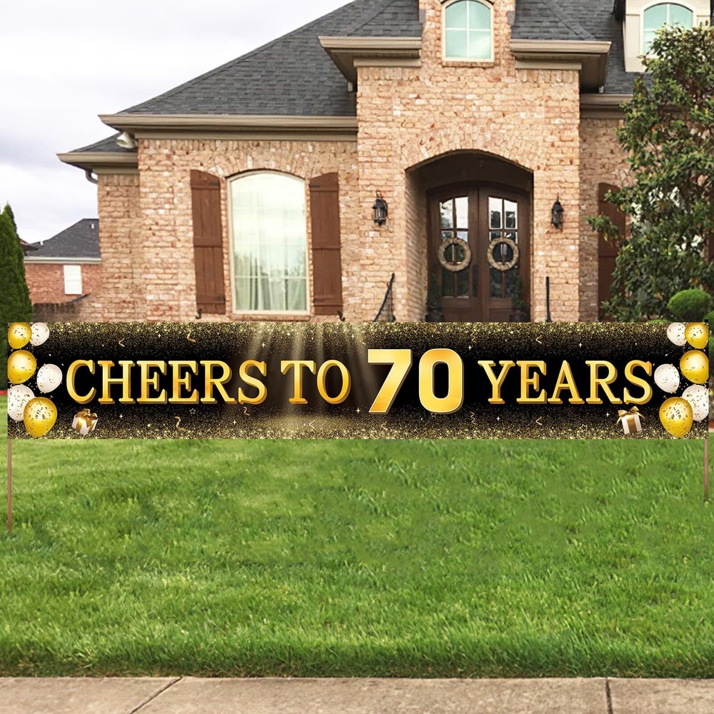 Large Black Gold 70th Birthday Banner - Indoor Outdoor Party Yard Decor
