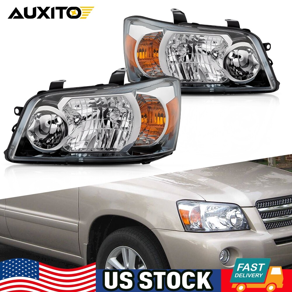 Headlight Set For 2004-2006 Toyota Highlander Driver Passenger Side Chrome Amber