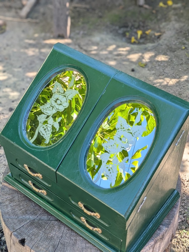 Green Wooden Jewelry Box with Mirror, Velvet Lining, Glass Floral Panels