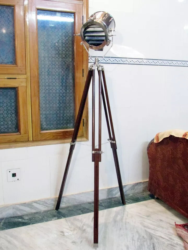 Designer Nautical Tripod Floor Lamp with Wood Stand - Searchlight Style Gift
