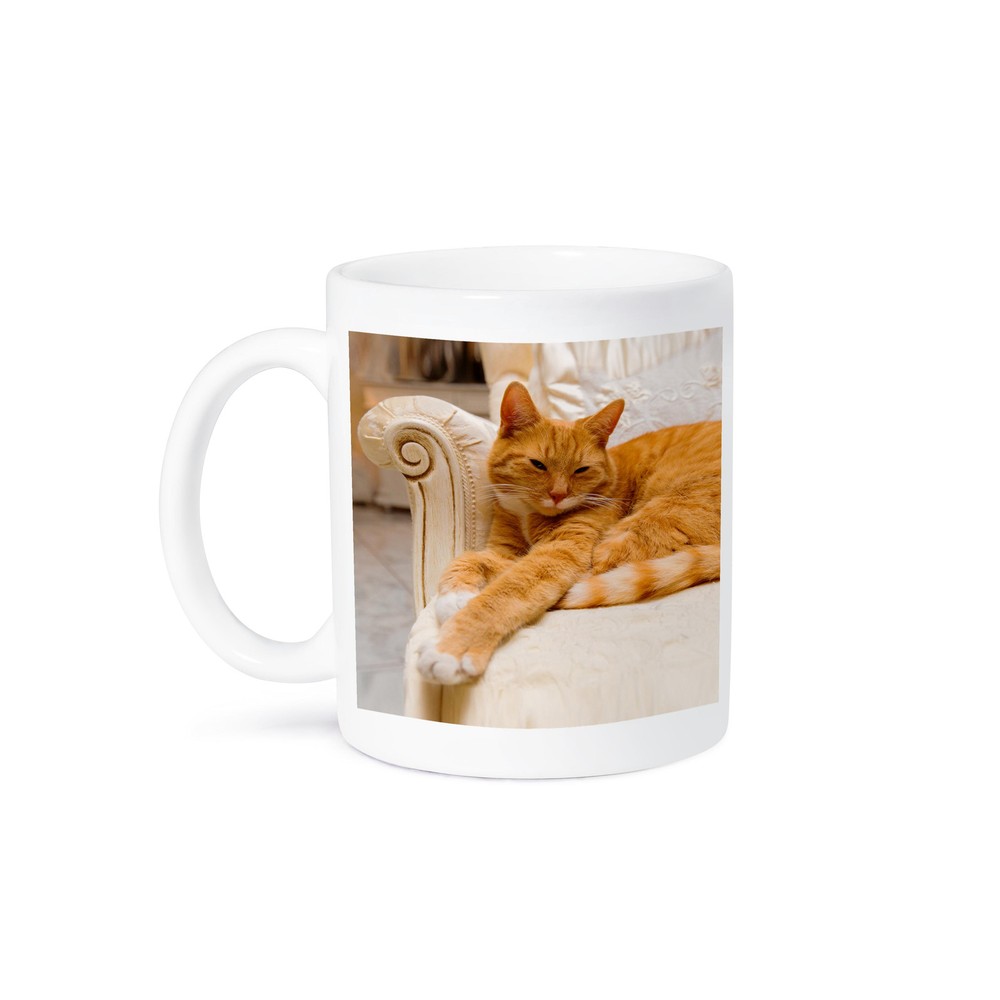 3dRose, Happy orange tabby cat relaxing on fancy armchair, Mug