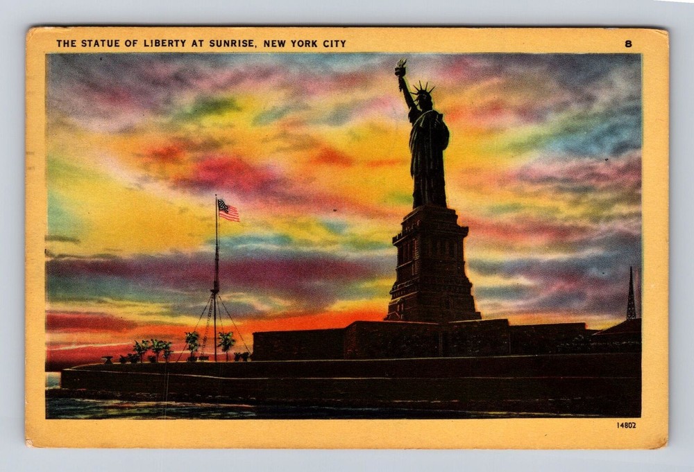 Vintage 1948 NYC Statue of Liberty Postcard with Colorful Sunrise