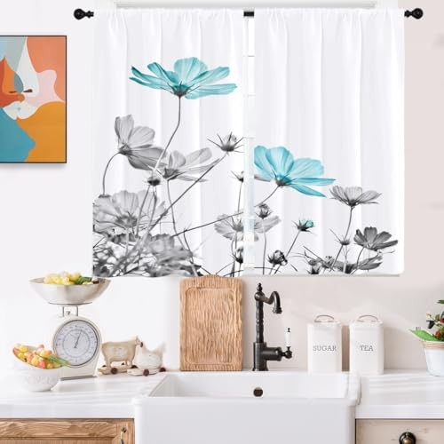 Gray Floral Kitchen Curtains 27.5x39 Inches Pack of 2 Teal and White