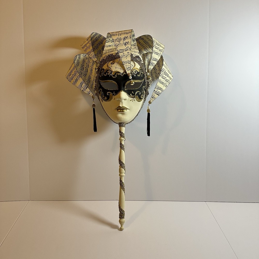 Vintage Hand-Crafted Venetian Harlequin Mask, Music Sheet Accents, Hand-Painted