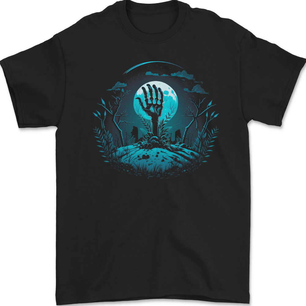 a Skeleton Hand Rising From a Graveyard Mens T-Shirt 100% Cotton