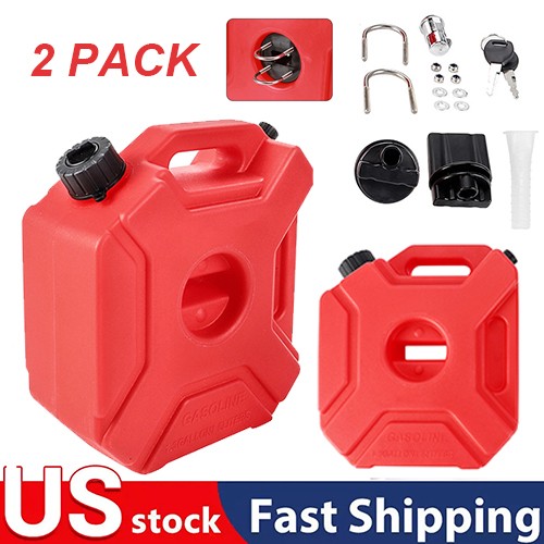 2 Pack 5L 1.3 Gallon Red Gas Fuel Tank with Lock Mount & Keys for Car Motorcycle