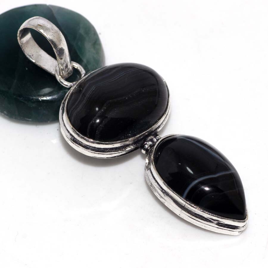 Banded Black Onyx 925 Silver Plated Pendant 2.3