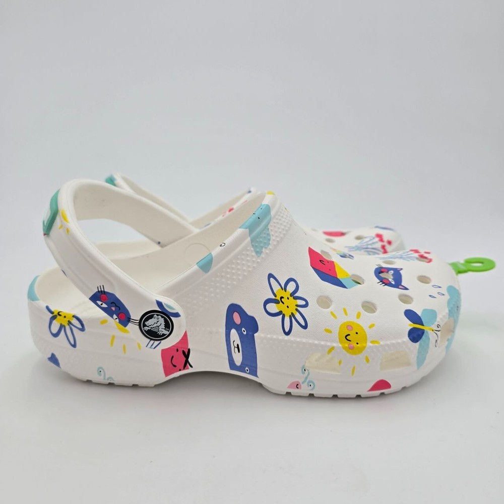 Crocs Classic Doodle Print Clogs Kid's Size 4 White Slip On Casual Comfort