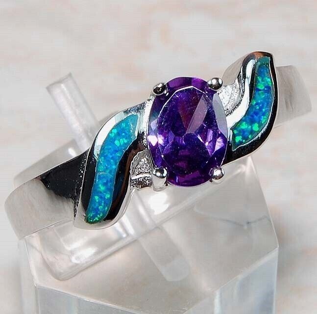 1CT Amethyst & Australian Opal Inlay Sterling Silver Ring Size 8 BA4