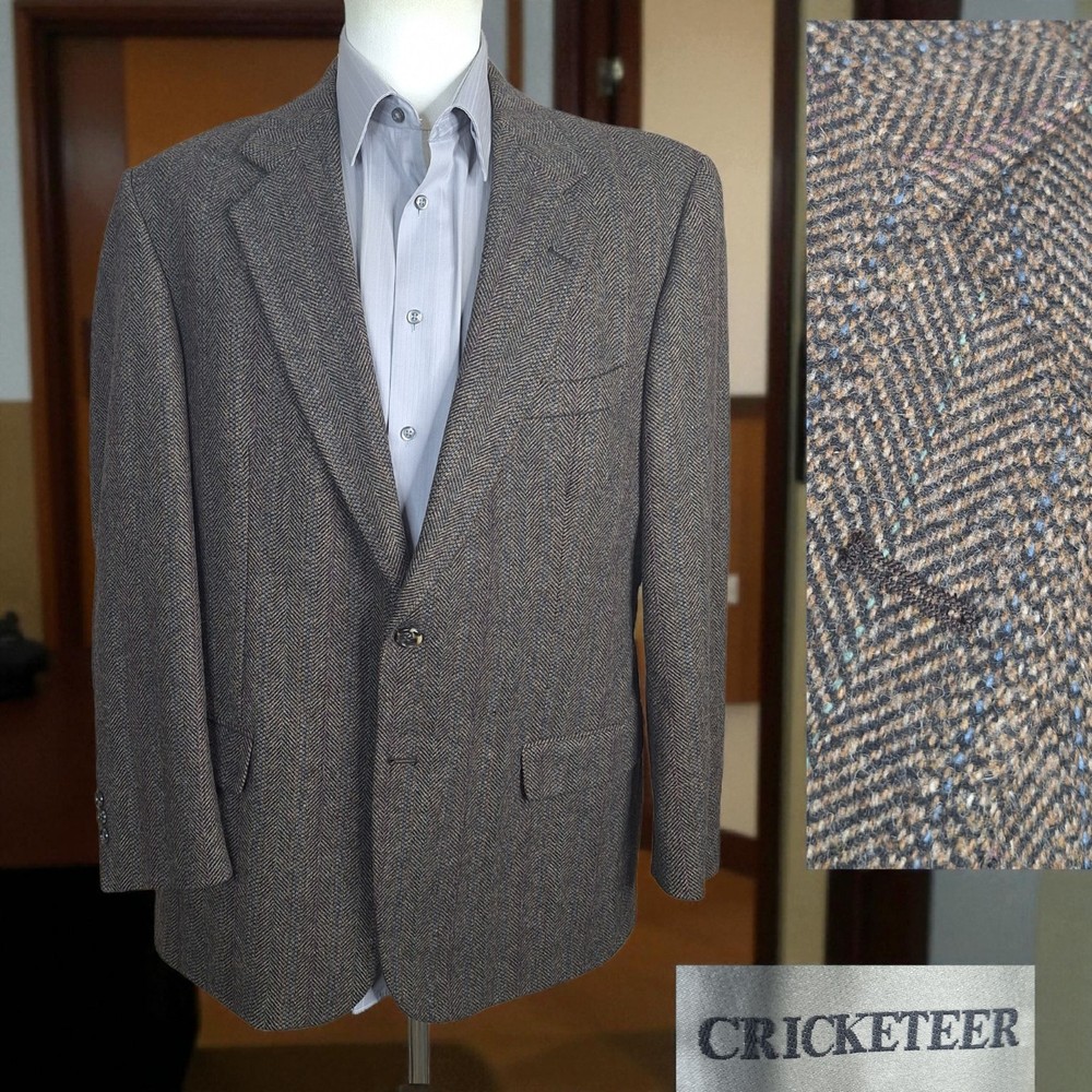 Cricketeer Jacket Blazer Mens 44R Brown Herringbone Stripe Lambswool Wool