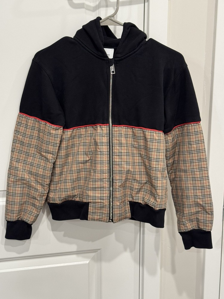 NWT Authentic BURBERRY Boy's Check Panel Zip Up Hoodie size 12