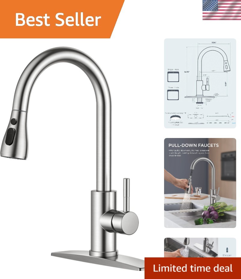 Brushed Nickel Kitchen Faucet with Pull Down Sprayer - 1 or 3 Hole Installation