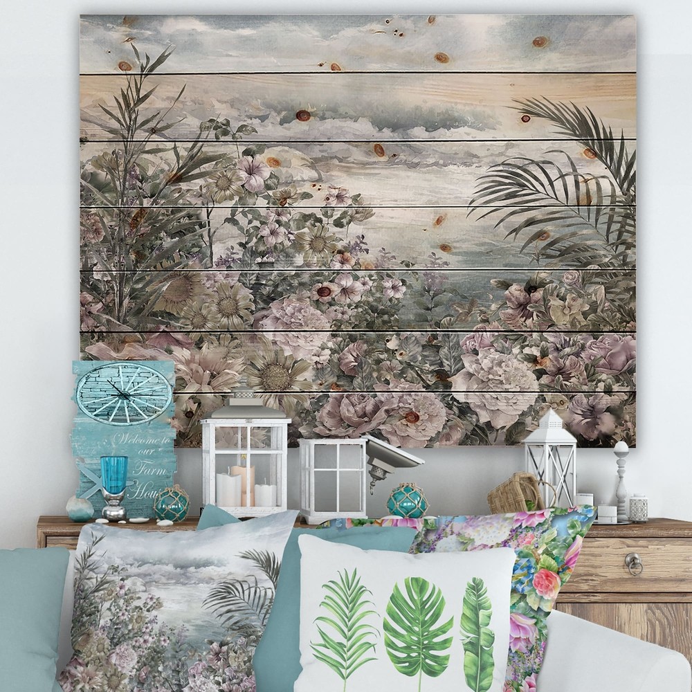 Designart 'Retro Flowers By The Sea Side' Vintage Print on