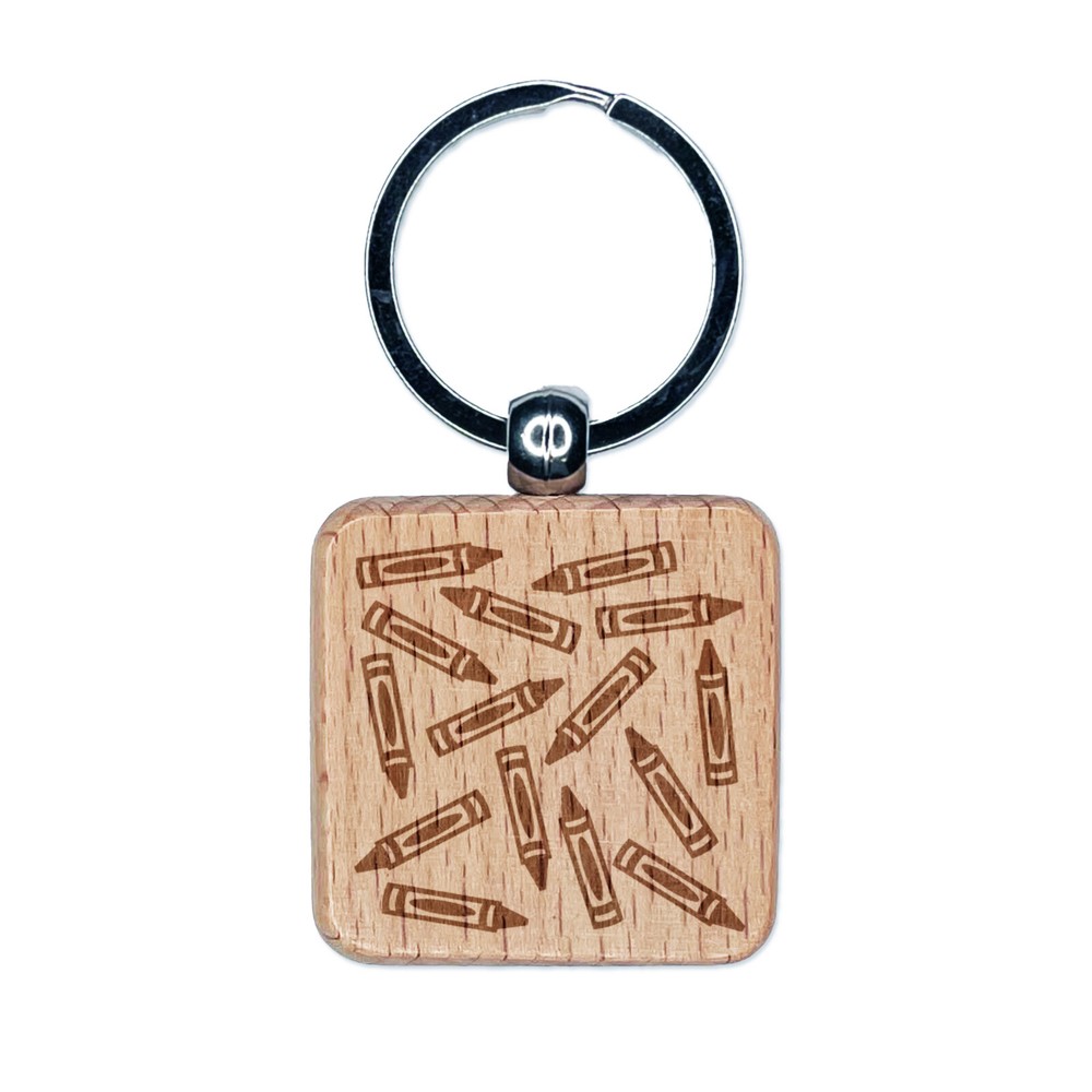 Scattered Crayons Engraved Wood Square Keychain Tag Charm