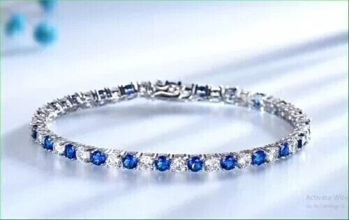 9CT Lab-Created Blue Sapphire Tennis Bracelet in 14K White Gold Plated 7 Inch