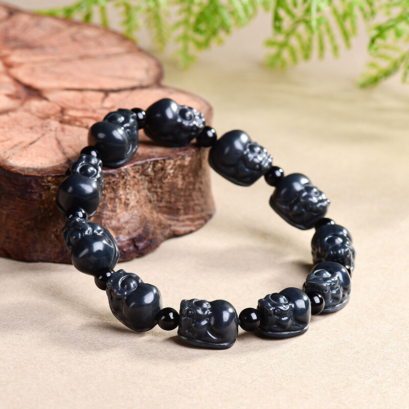 Certified Black 100% A Jadeite Dragon Pi Xiu Bangle Bracelet 7.5 Inches