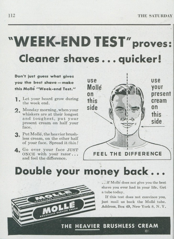 1949 Molle Shaving Cream Brushless Weekend Test Difference Vintage Print Ad SP17