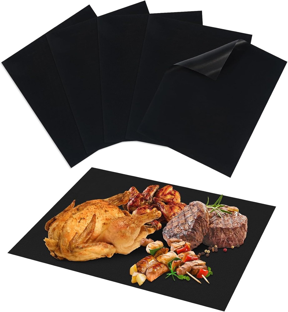 Grill Mats for Outdoor Grill, Set of 6 Reusable Baking 15.75 x 13 Inch, Black