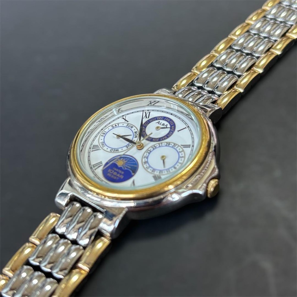 Seiko Alba V33F-6A60 Sun Moon Phase Watch Vintage 1980s Quartz Rare