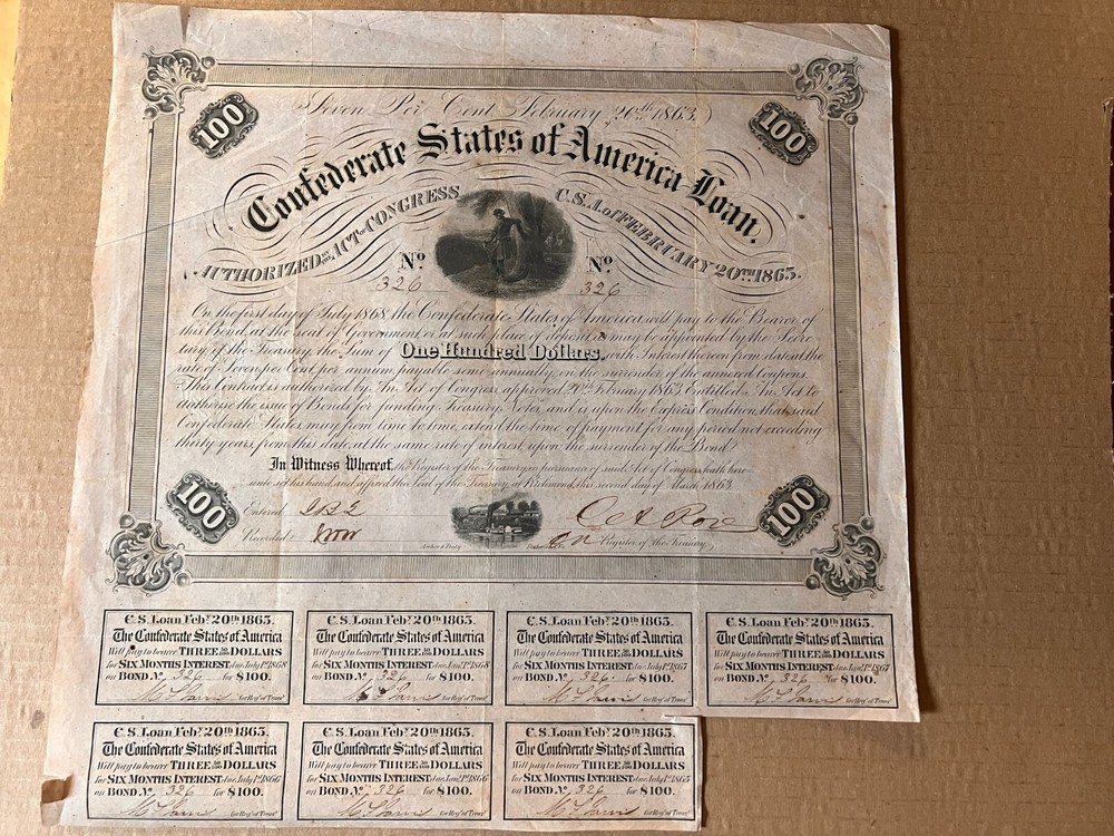 $100 Confederate States Coupon Bond - Criswell 120 Civil War Era Collectible-image