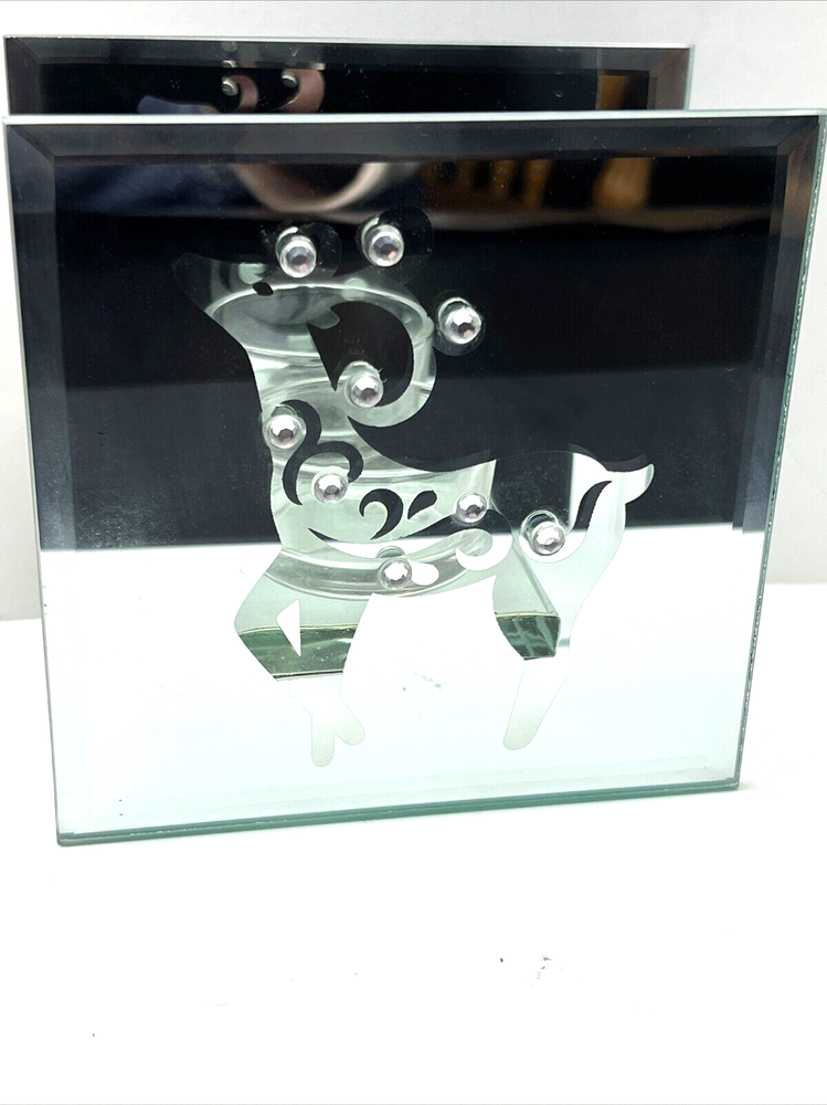 Christmas Tea Light Mirrored Candle Holder Crystal Mirrors Reindeer Reflections