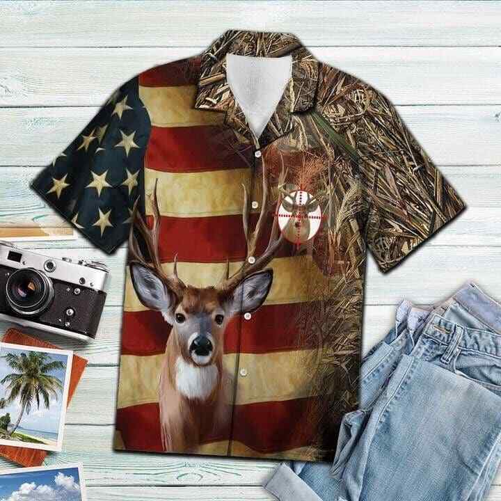 Deer US Flag 3D Hawaiian Shirt Patriotic Wildlife Elegance Design