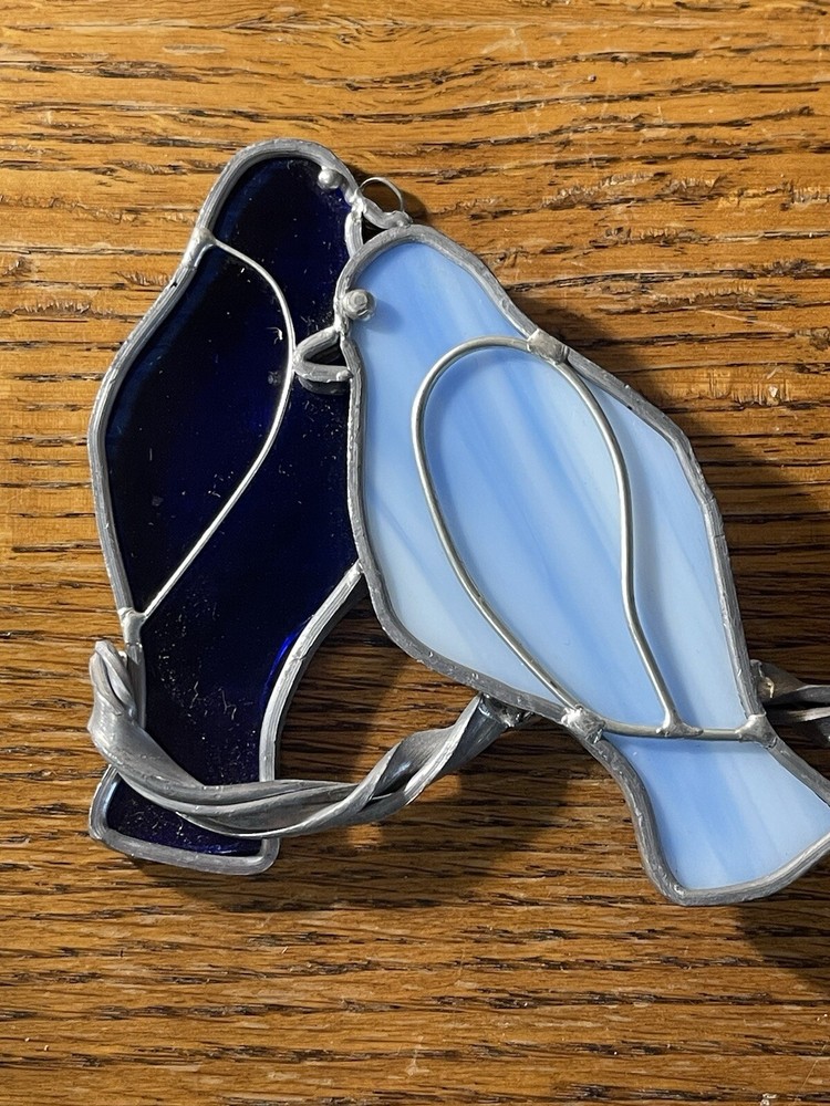 Tiffany Stained Glass Blue Lovebirds Suncatcher 4”