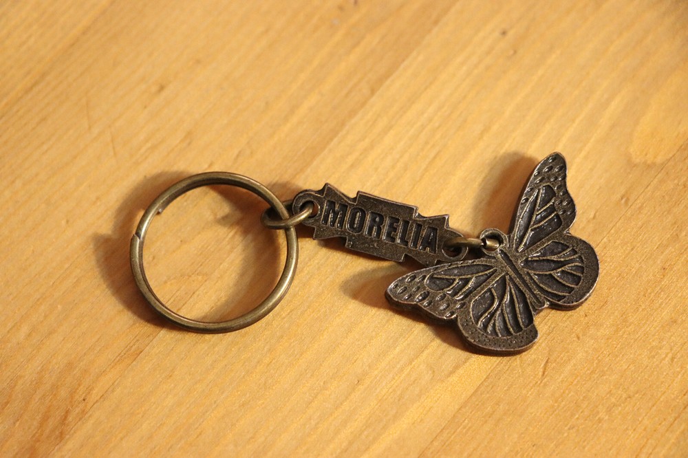 Morelia butterfly metal keychain with intricate detail and key ring