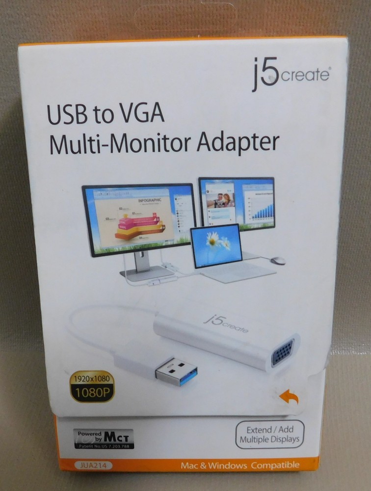 j5create USB to VGA Adapter Cable 1080p HD Multi-Monitor Display Windows Mac NIB