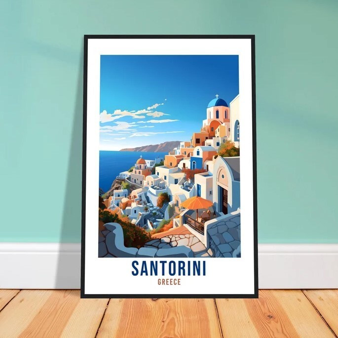 Santorini Travel Poster Greece Travel Print Vintage Santorini Sea