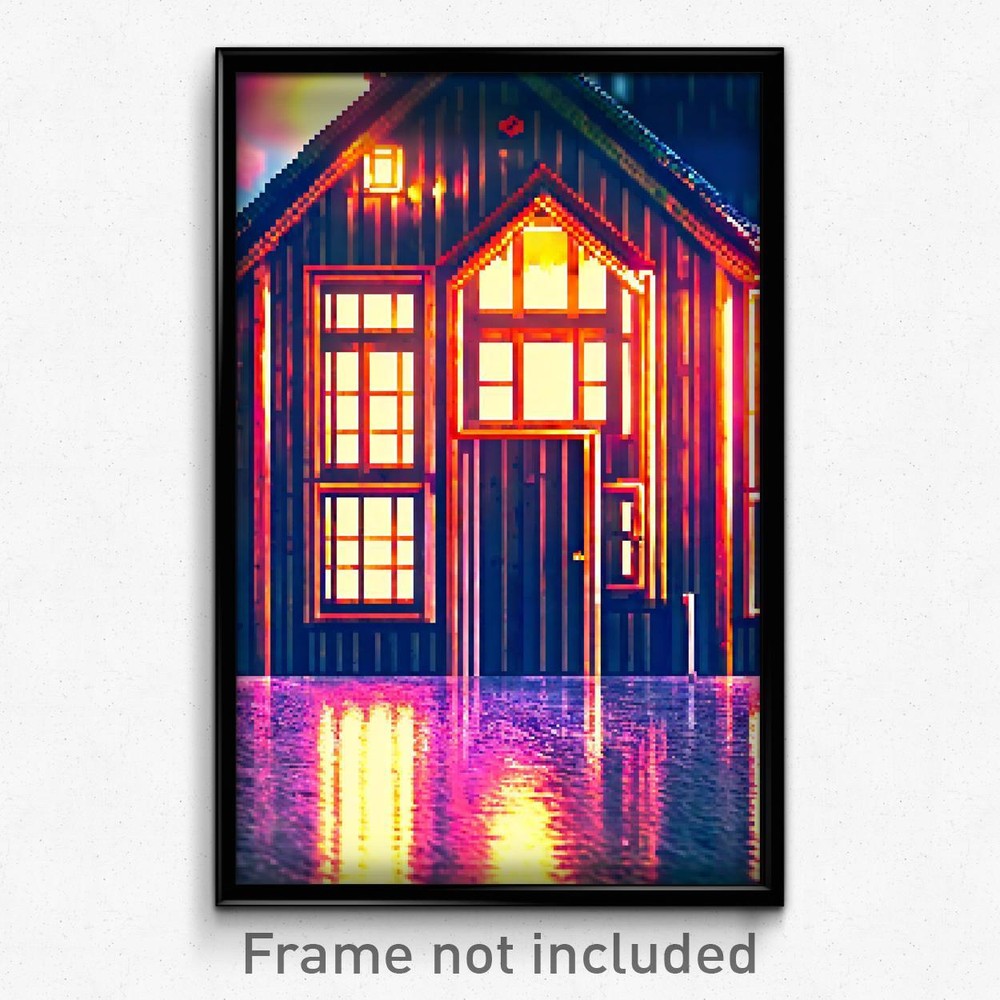 8-Bit Psychedelic Pixel Art Poster - Flickering Cabin Trippy Gamer Print