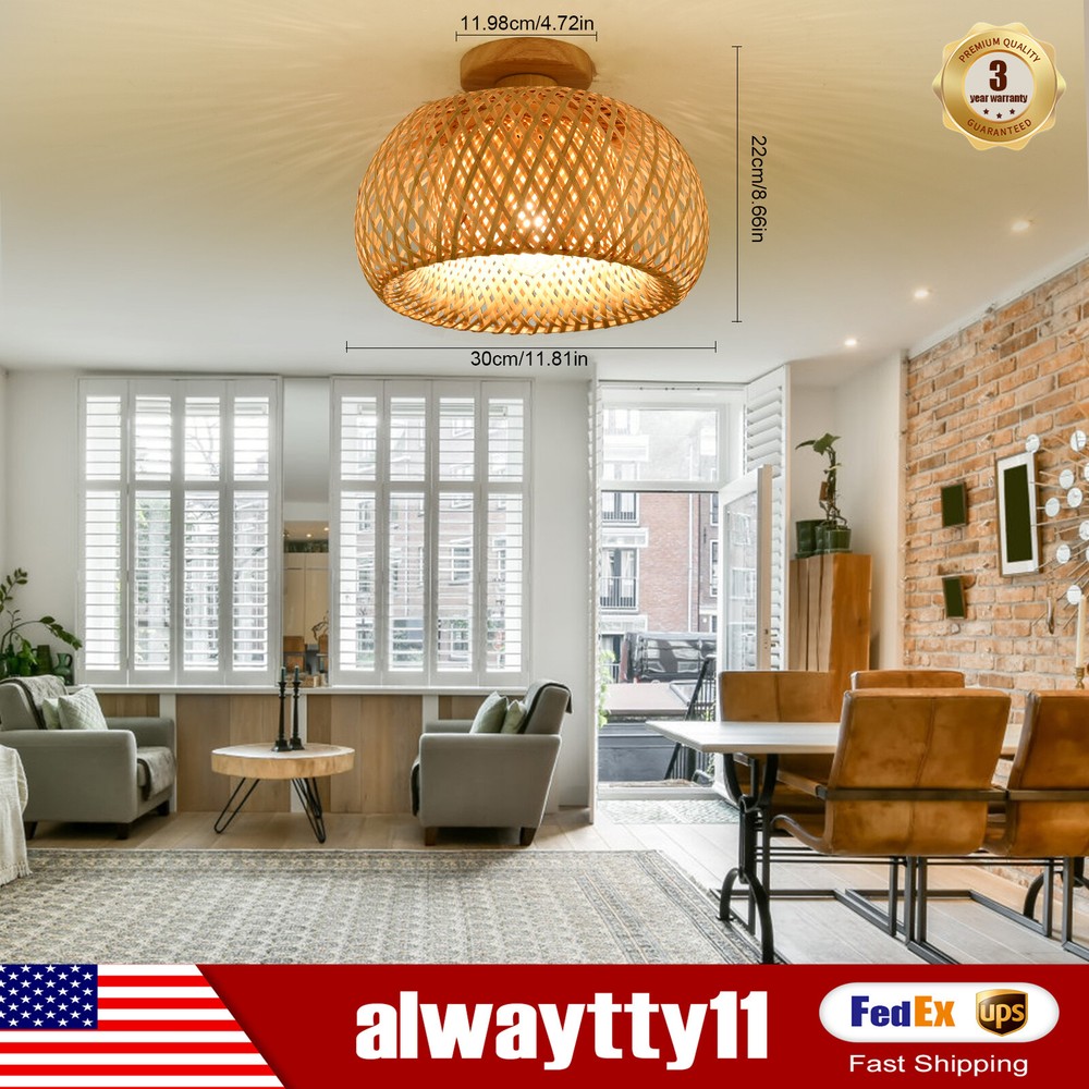 Vintage Bamboo Wicker Rattan Lantern Ceiling Light Fixture Semi Flush Mount Lamp