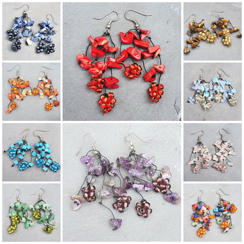 Mixed Gemstone & Glass Beads Flowing Multi Strand Earrings Chakra Healing