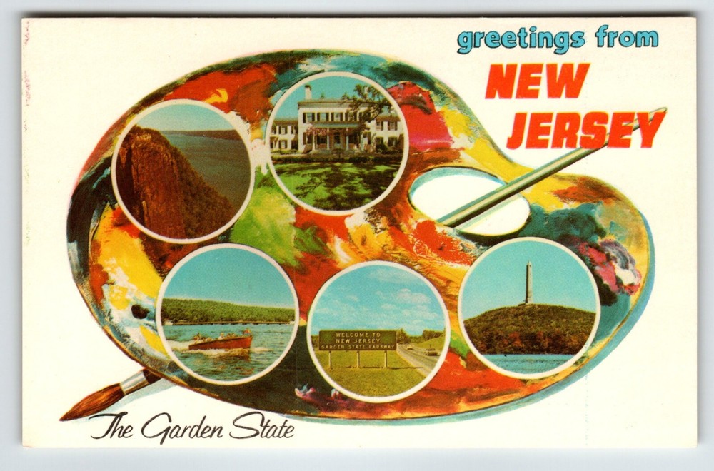New Jersey Chrome Paint Pallet Postcard with Paintbrush and Garden State Theme