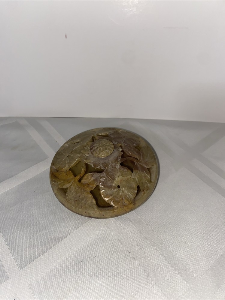 Vintage Handcarved Floral Soapstone Trinket Box 4 Inch Multi Color