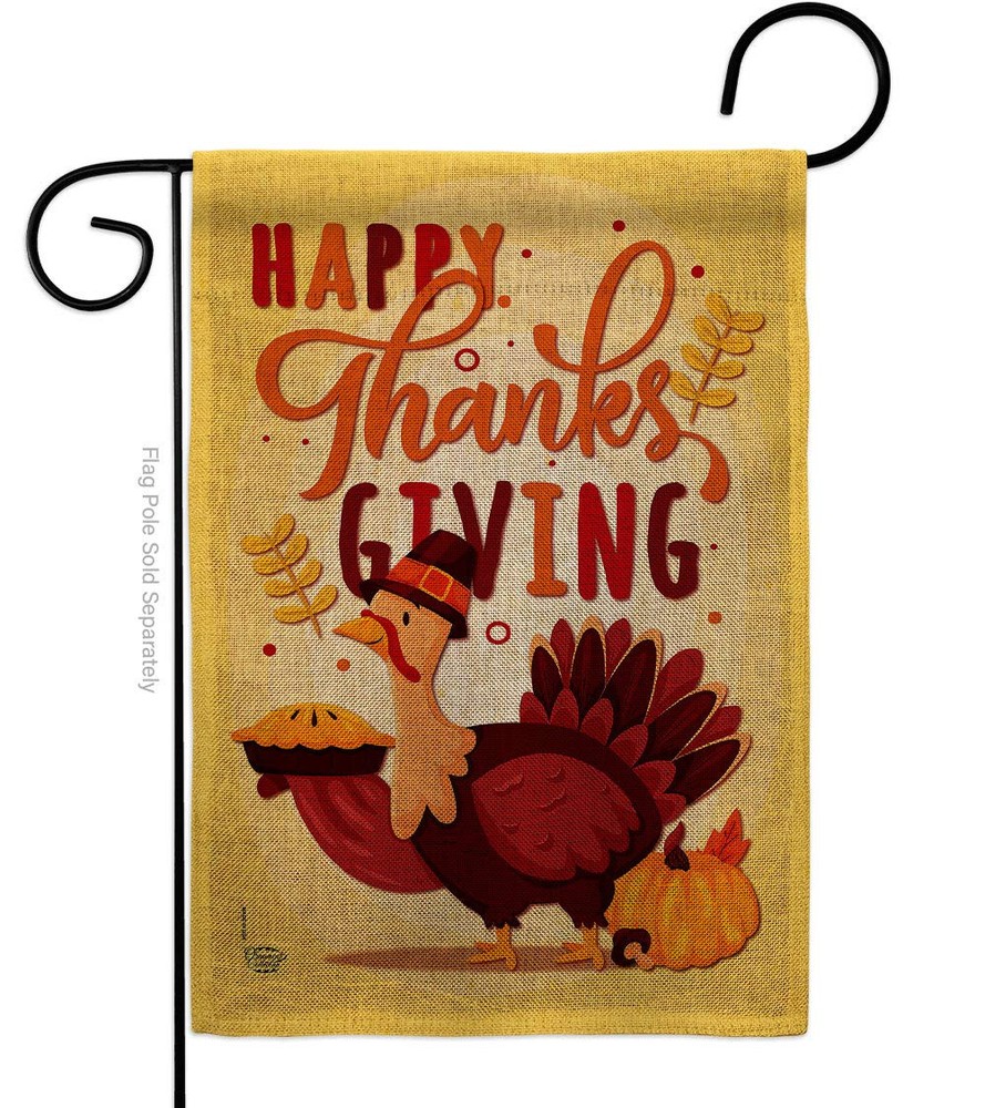 Thanksgiving Burlap Garden Flag with Turkey Pumpkin Give Thanks Fall Decor  