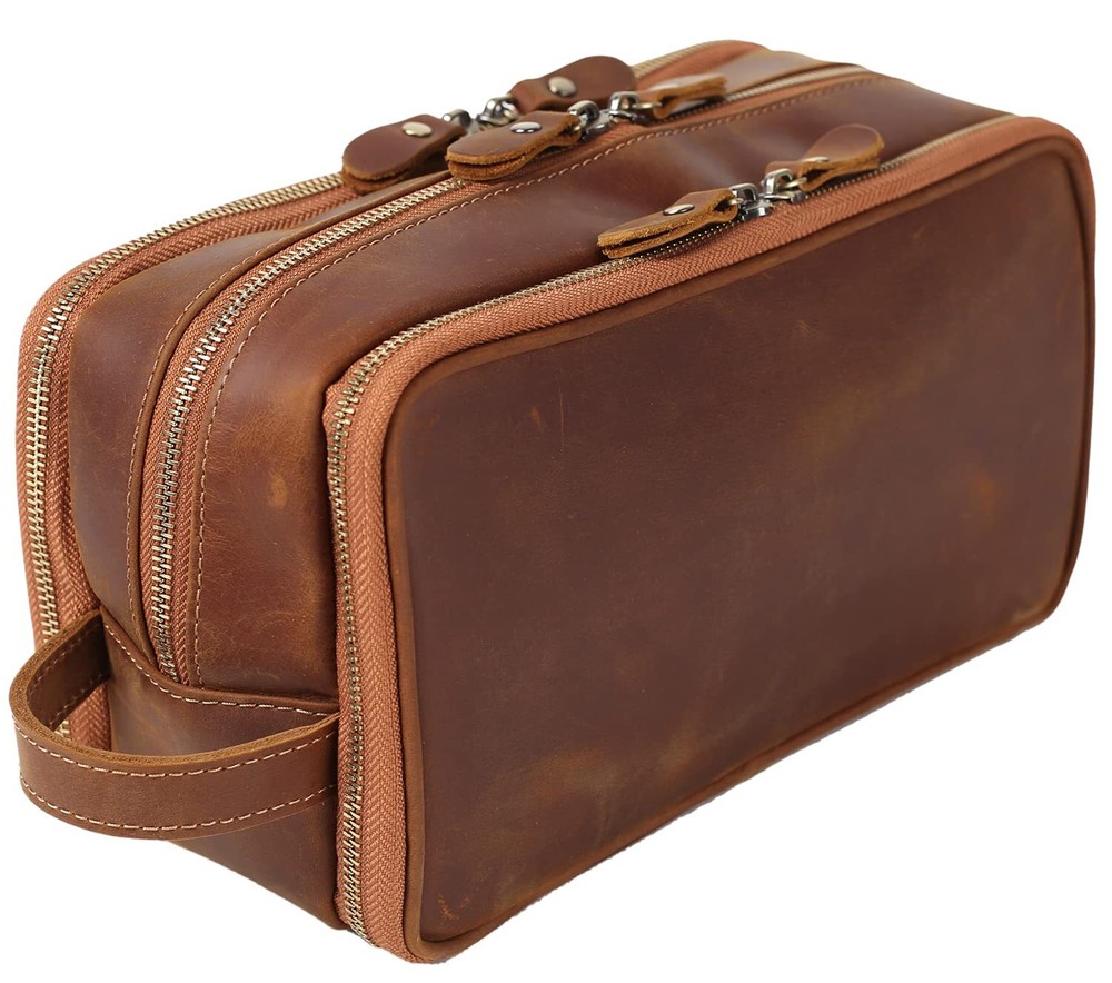 Custom Engraved Leather Dopp Kit For Men – Travel Shaving & Toiletry Bag Large Cosmetic Organizer