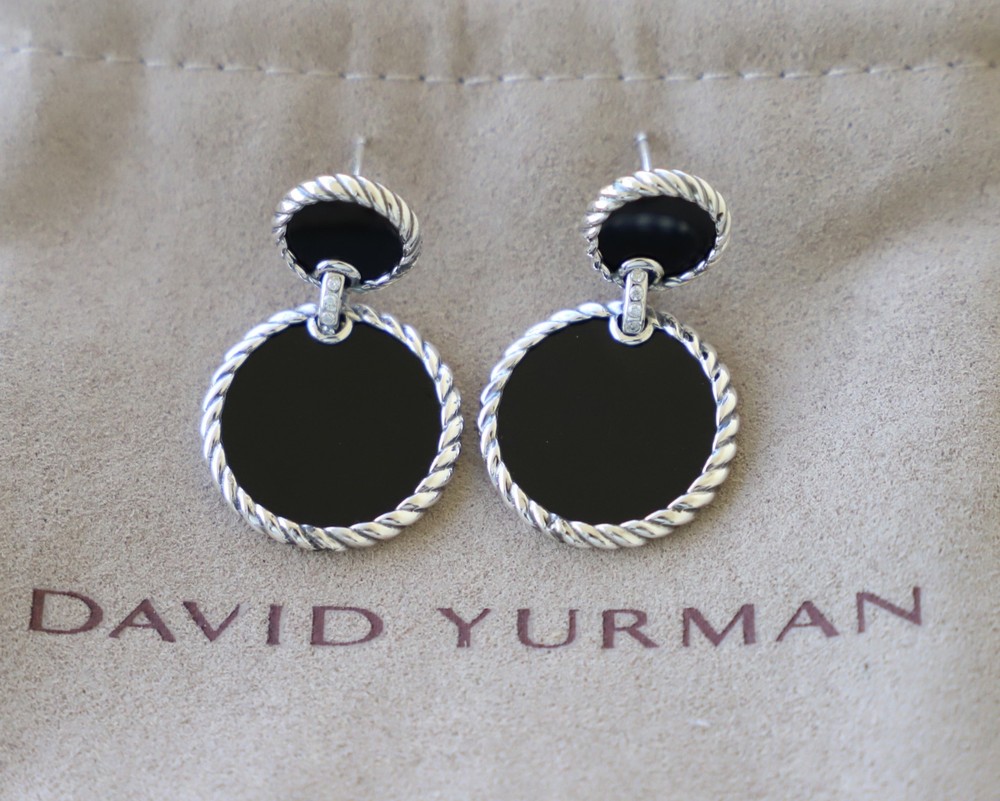 David Yurman Sterling Silver Elements Double Drop Earrings Black Onyx & Diamonds-image