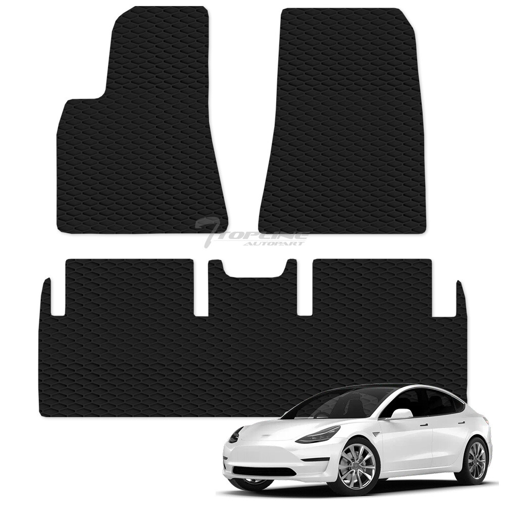 Topline For 21-23 Tesla 3 Long Range Honeycomb Rubber All Weather Floor Mats 3pc