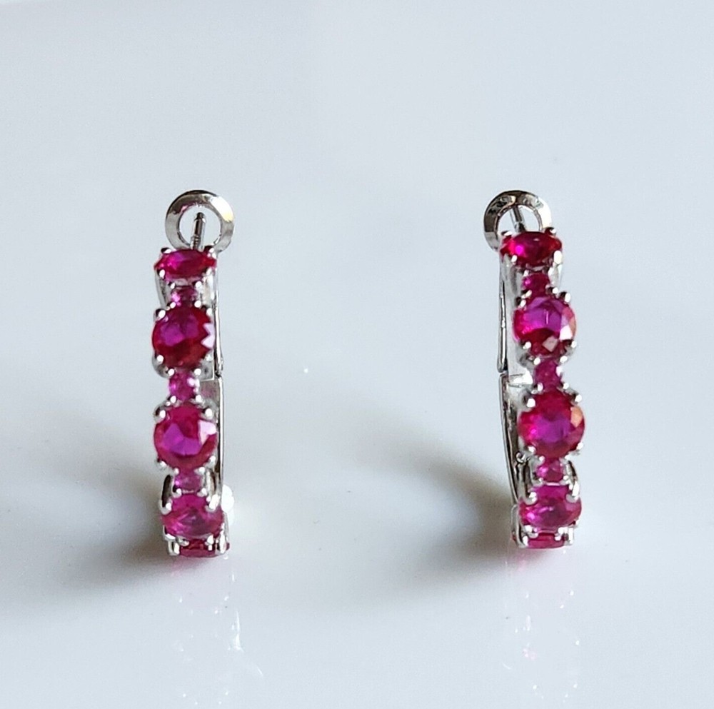 2Ct Round Cut Simulated Pink Ruby Women's Hoop Earring In 14K White Gold Plated