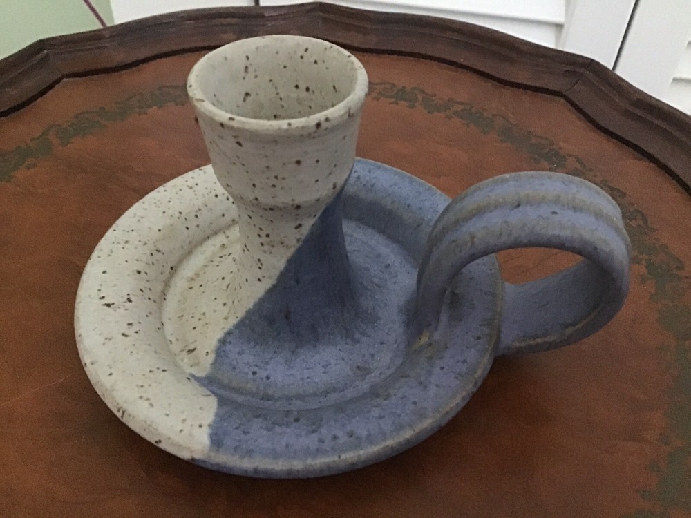 Candle W/ Finger Holder Blue/ Gray Speckle North Carolina Potter,Signed