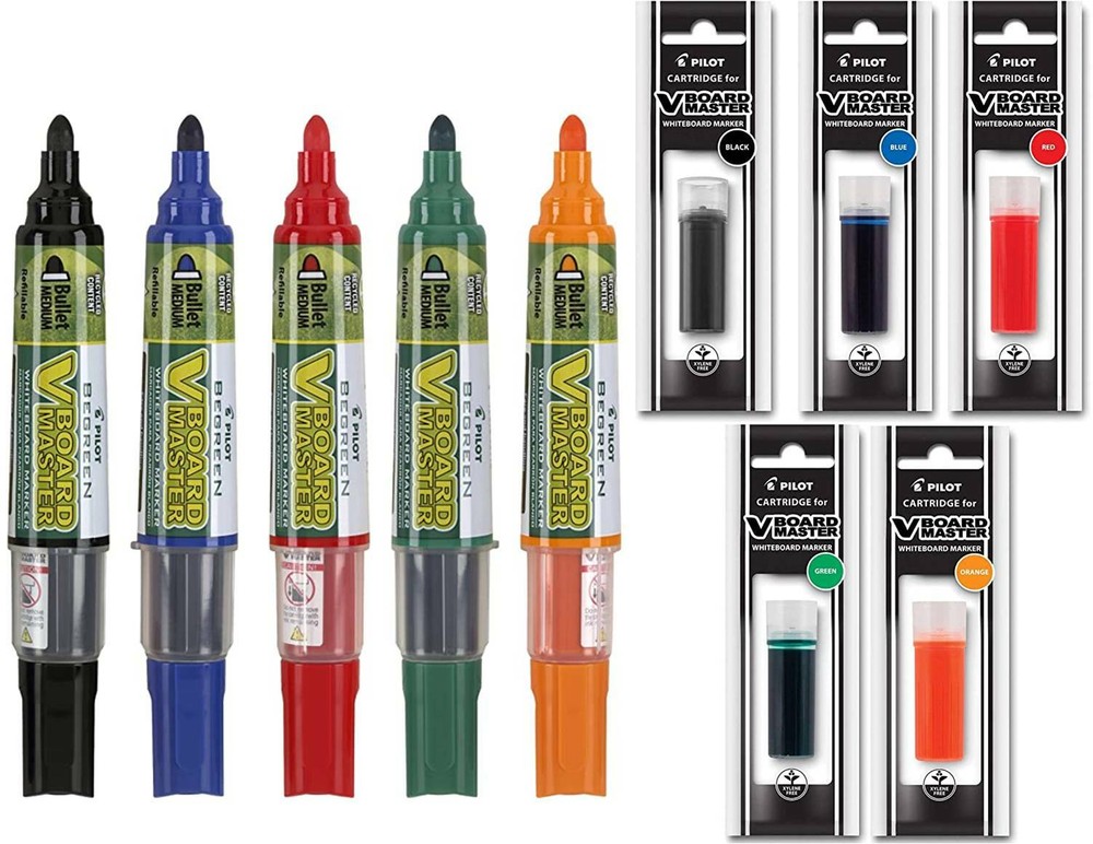 Pilot BeGreen V Board Dry Erase Markers, Bullet Tip, 2 Markers with 6 Refills